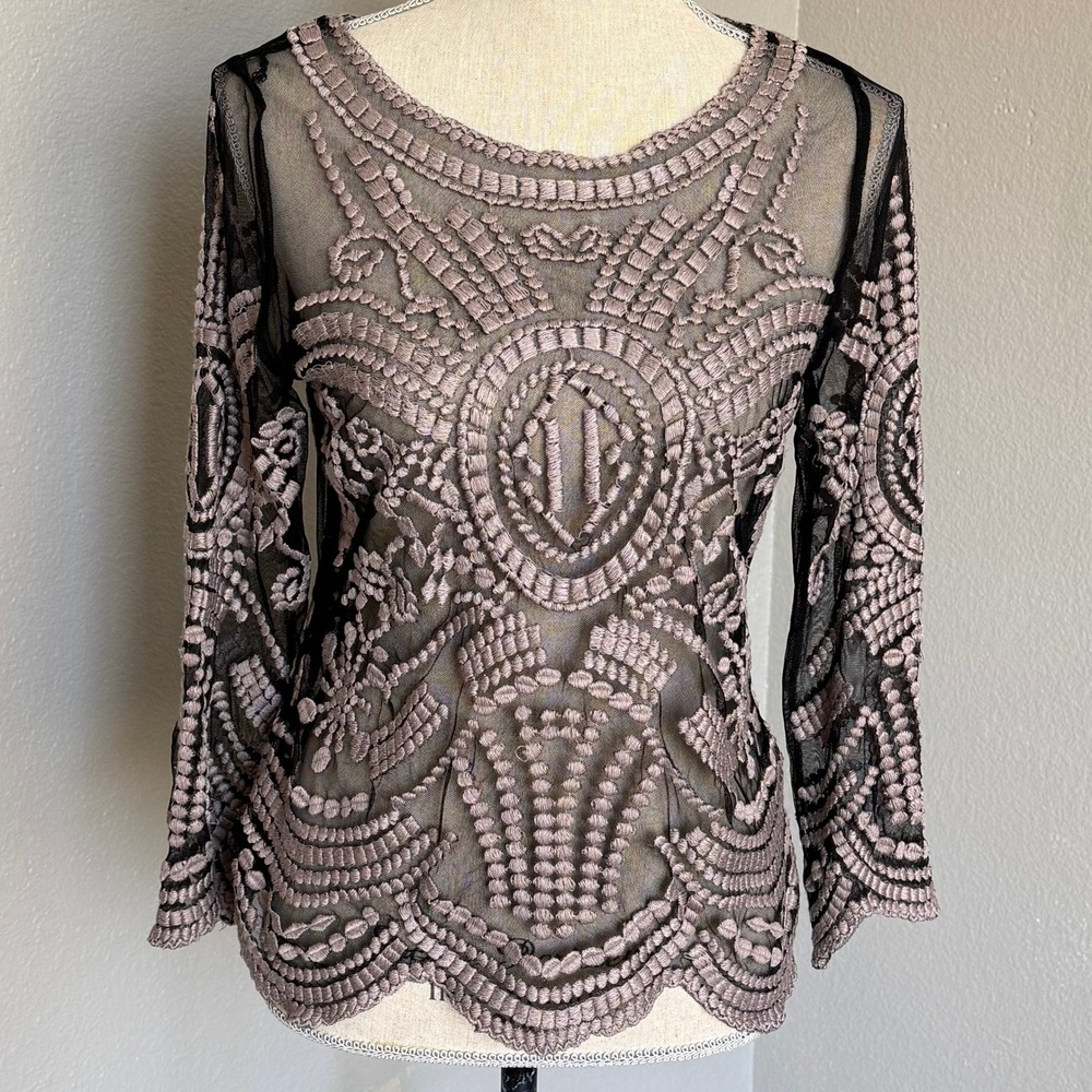 Yoana Baraschi Anthropologie Black Beige Sheer Embroidered Lace Long‎ Sleeve Top